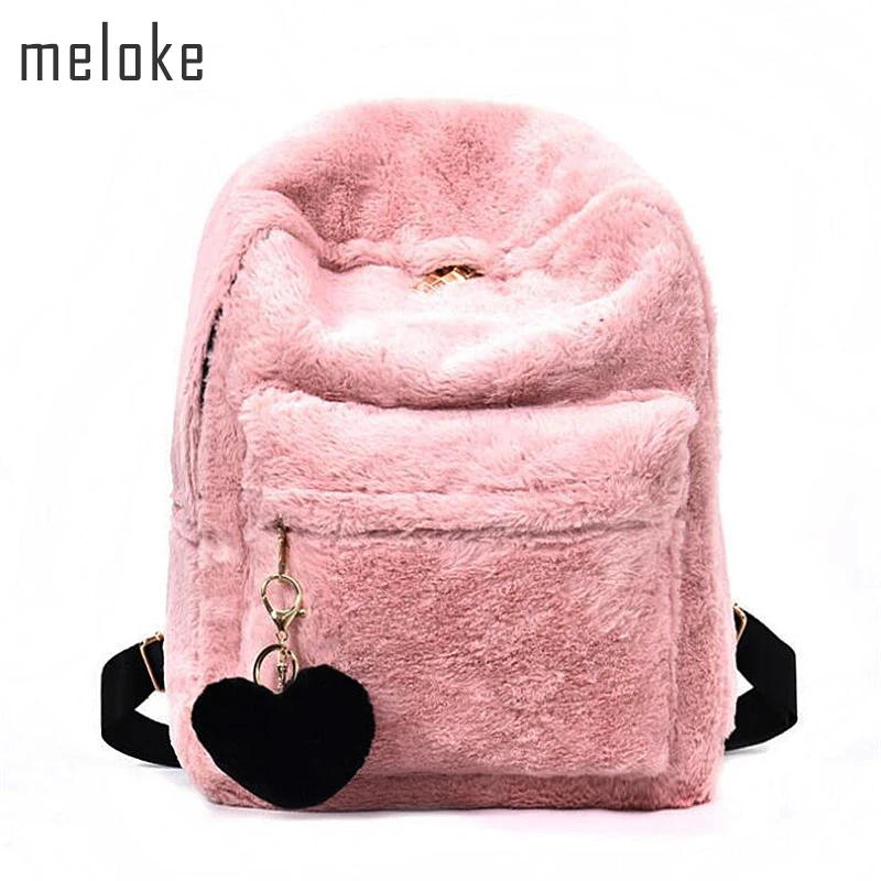 Top Trends: 2023 Cute Solid Faux Fur Backpack Heart Pendant Winter Soft Women's Big Plush Backpack Pink Black White Rucksack Shoppable Styles