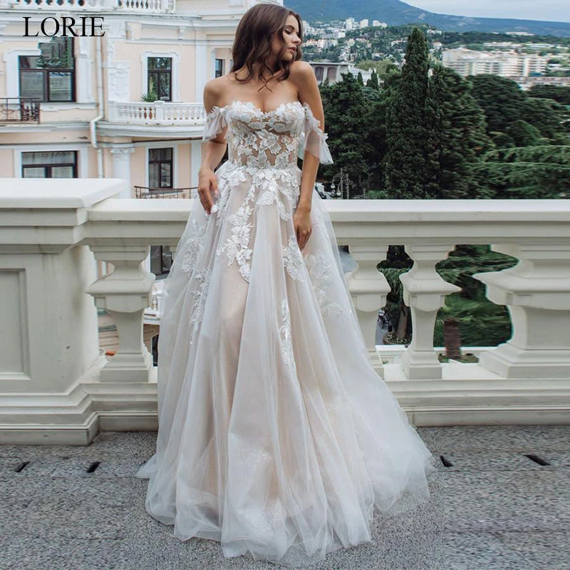 Top Trends: LORIE Champagne Boho Wedding Dress 2020 Lace Appliques Tulle Backless Beach Wedding Gowns Off Shoulder Princess Bridal Dress Shoppable Styles