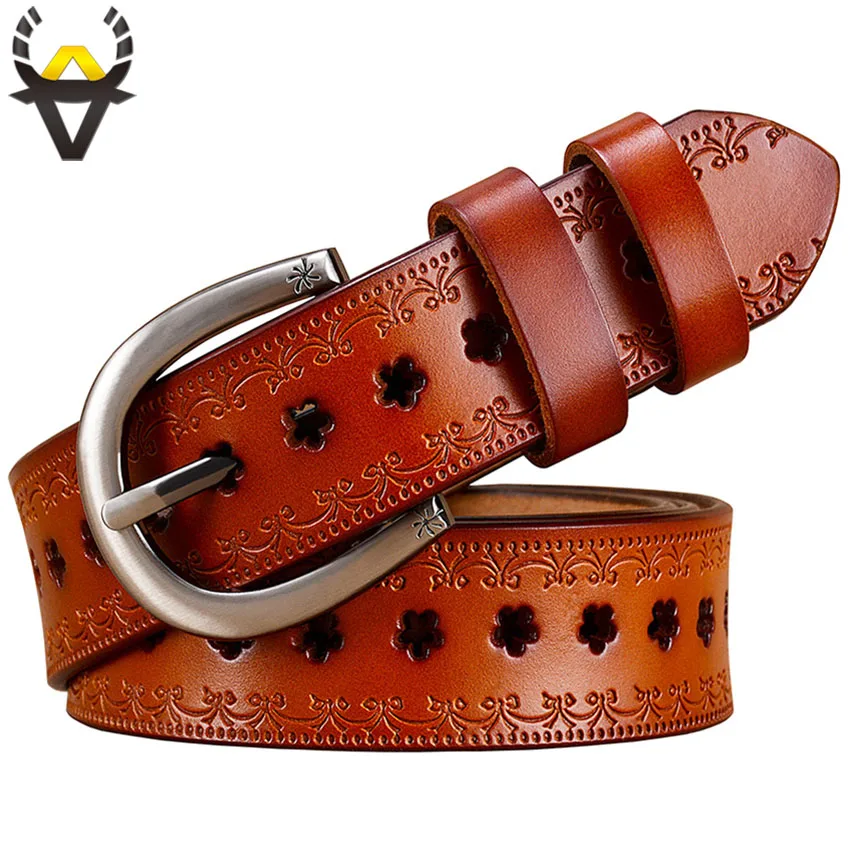 Top Trends: Fashion Hollow Genuine Leather Belts Women Vintage Pin Buckle Floral Belt Woman Cow Skin Waist Strap Female Girdle Width 2.8 Cm Shoppable Styles