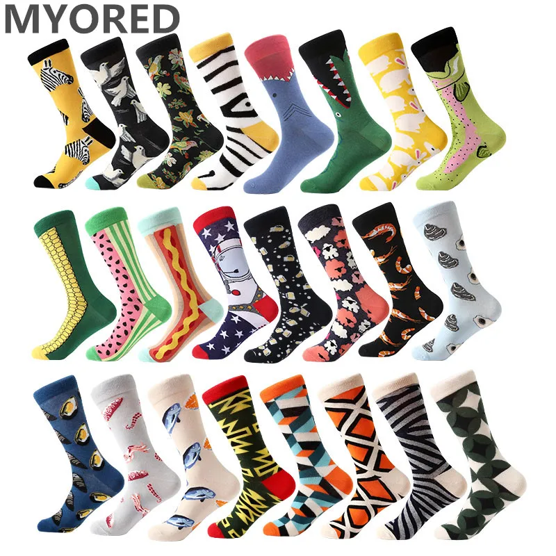 Top Trends: MYORED 1 Pair Men Socks Combed Cotton Cartoon Animal Bird Shark Zebra Corn Watermelon Sea Food Geometric Novelty Funny Socks Shoppable Styles