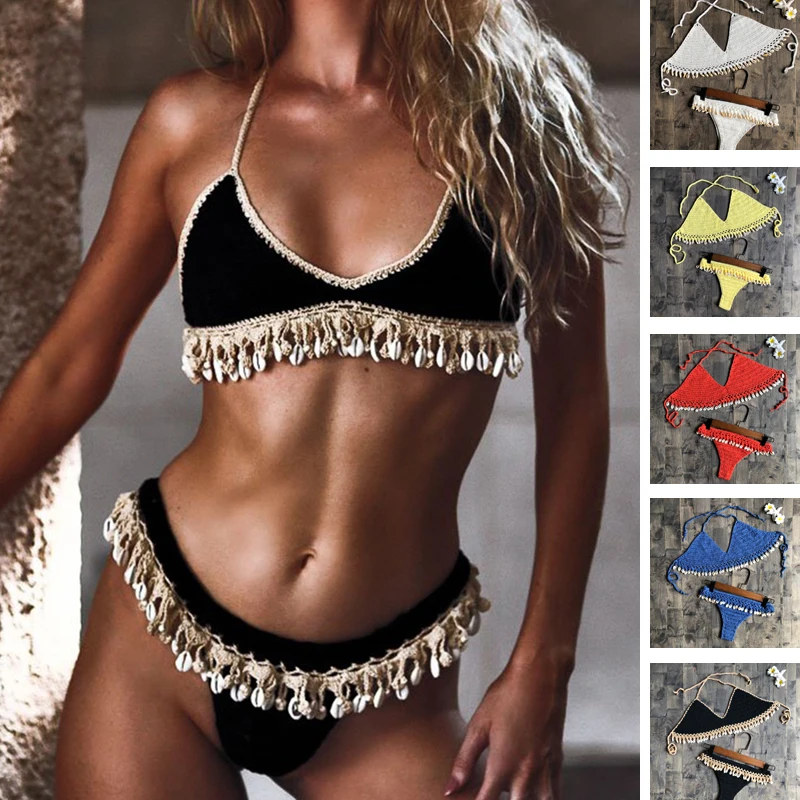 Top Trends: Crochet Bikini Set Shell Tassels Bikini Brazilian Crochet Swimsuit Women Halter Swimwear Strappy Bikinis 2019 New Shoppable Styles