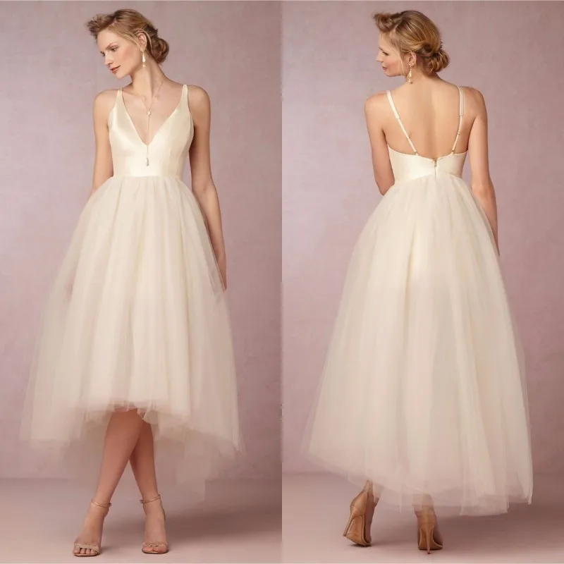 Hi-lo V-neck Backless Beach Tulle Ankle Length Maid Of Honor Bridesmaid Dress