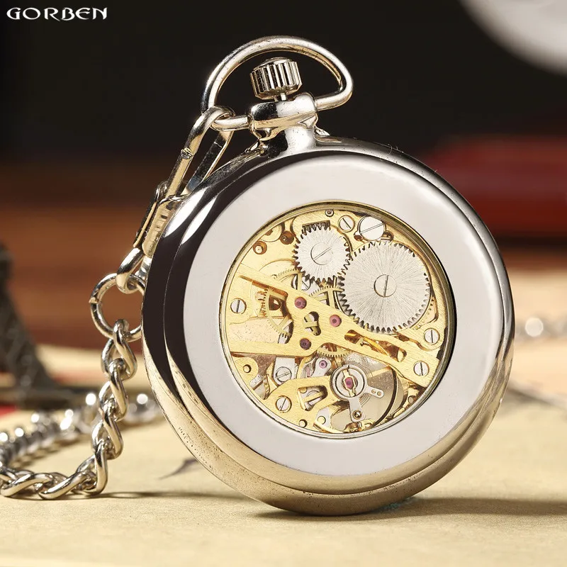 Top Trends: Luxury Silver Skeleton Mechacnical Mens Pocket Watch With FOB Chain Hot Smooth Steel Women Unisex Hand Winding Pocket Watches Shoppable Styles