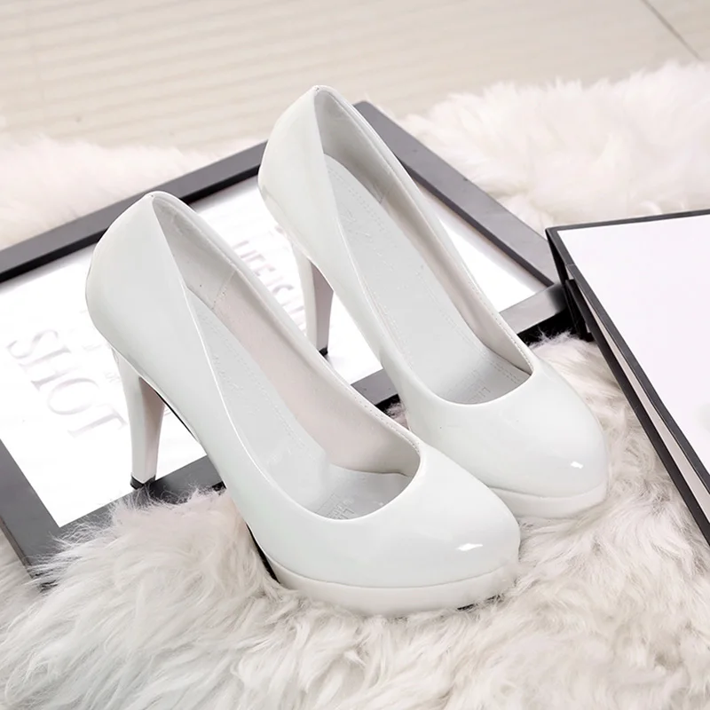 Top Trends: 2019 Waterproof High Heel Women's Shoes Stiletto 10cm Spring And Autumn Round Head Paint Leather Feet White Wedding Shoes NO.193 Shoppable Styles