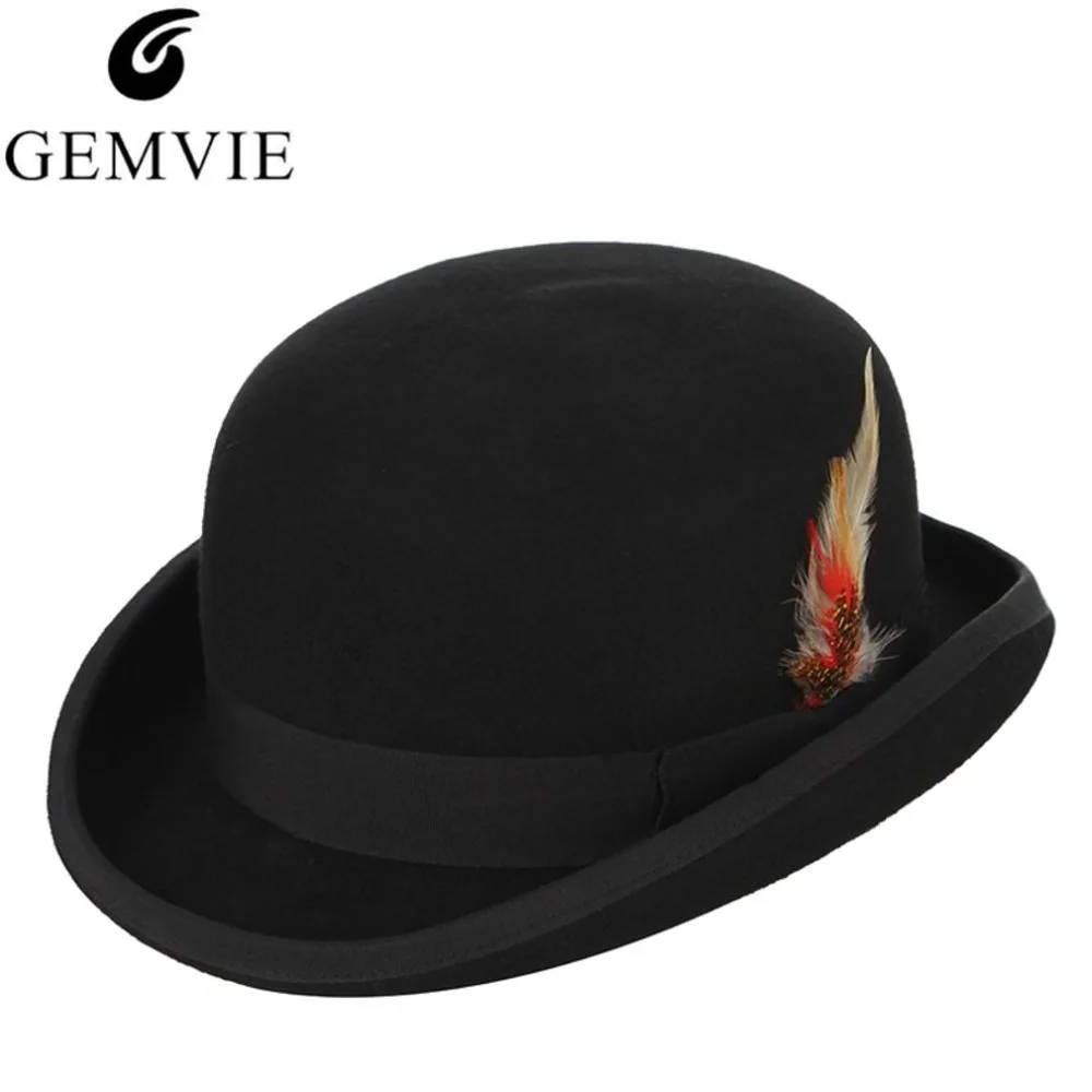 Top Trends: GEMVIE 4 Sizes 100% Wool Felt Black Derby Bowler Hat For Men Women Feather Satin Lining Casual Formal Fedora Shoppable Styles