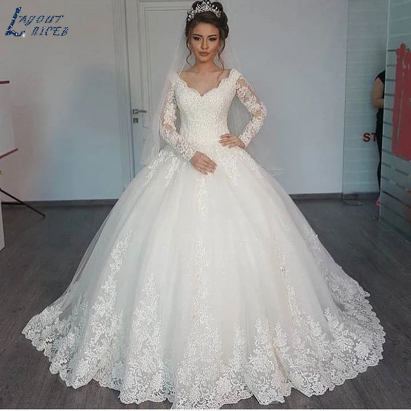 Top Trends: LAYOUT NICEB Ball Gown Long Sleeve Wedding Dress Women Elegant Lace Appliques Vestido De Noiva Sweep Train Vintage Bride Bridal Shoppable Styles