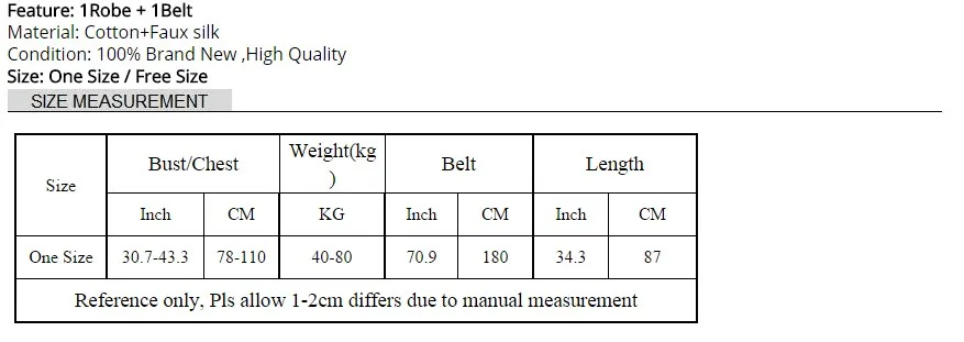 suurustabel siidist kimono-tüüpi hommikumantlile