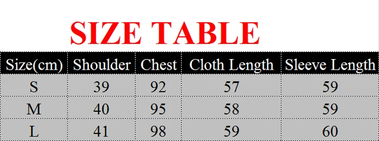 suurustabel, mis näitab õla, rinna, riide pikkuse ja varruka pikkuse mõõte suurustele S, M ja L