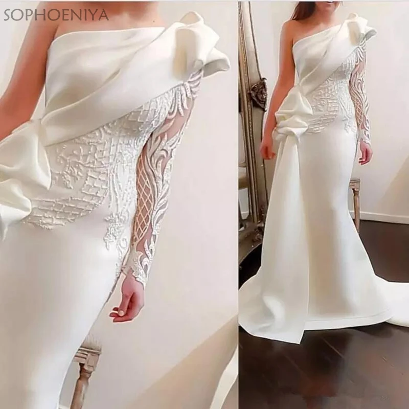 Top Trends: Elegant One Shoulder Mermaid Evening Dresses 2024 White Long Sleeves Evening Gowns Satin Ruched Ruffles Applique Formal Dress Shoppable Styles