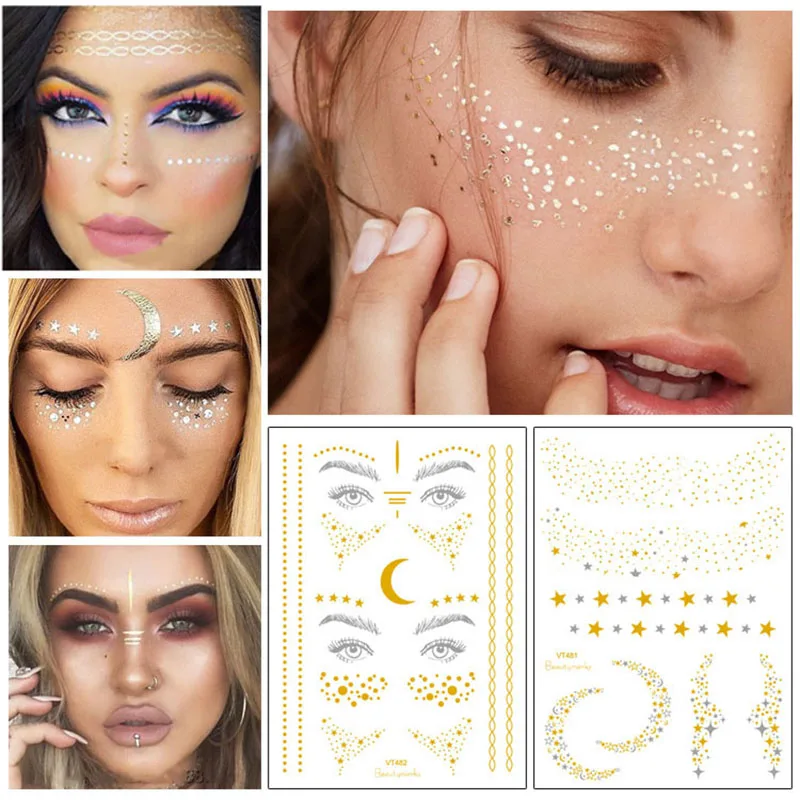 Top Trends: Glitter Gold Bronzing Sticker For Face Makeup Mixed Size Star Moon Shape Gold Silver Instant Freckles Temporary Tattoo RA015 Shoppable Styles