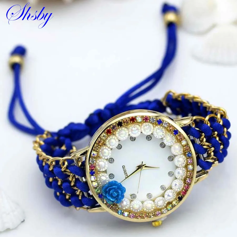 Top Trends: Shsby New Ladies Flower Hand-knitted Wristwatch Rose Women Dress Watch Color Sparkling Rhinestone Fabric Clock Sweet Girl Watch Shoppable Styles