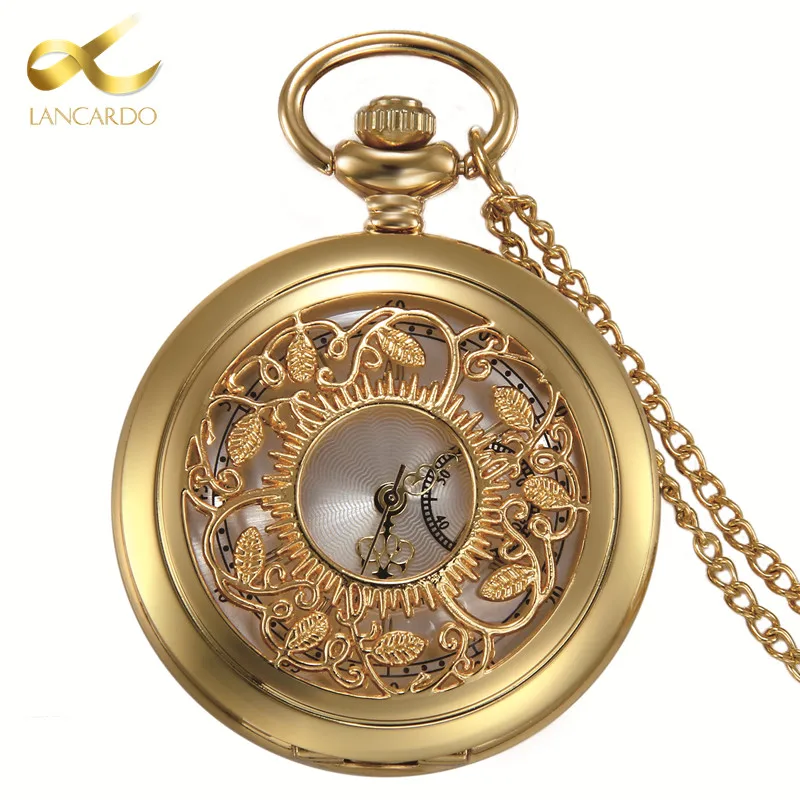 Top Trends: Lancardo Roman Numerals Gold Pocket Watch Hollow Leaf Tree Pocket Watches Unisex Luxury Brand Necklace Pendant Watch With Chain Shoppable Styles