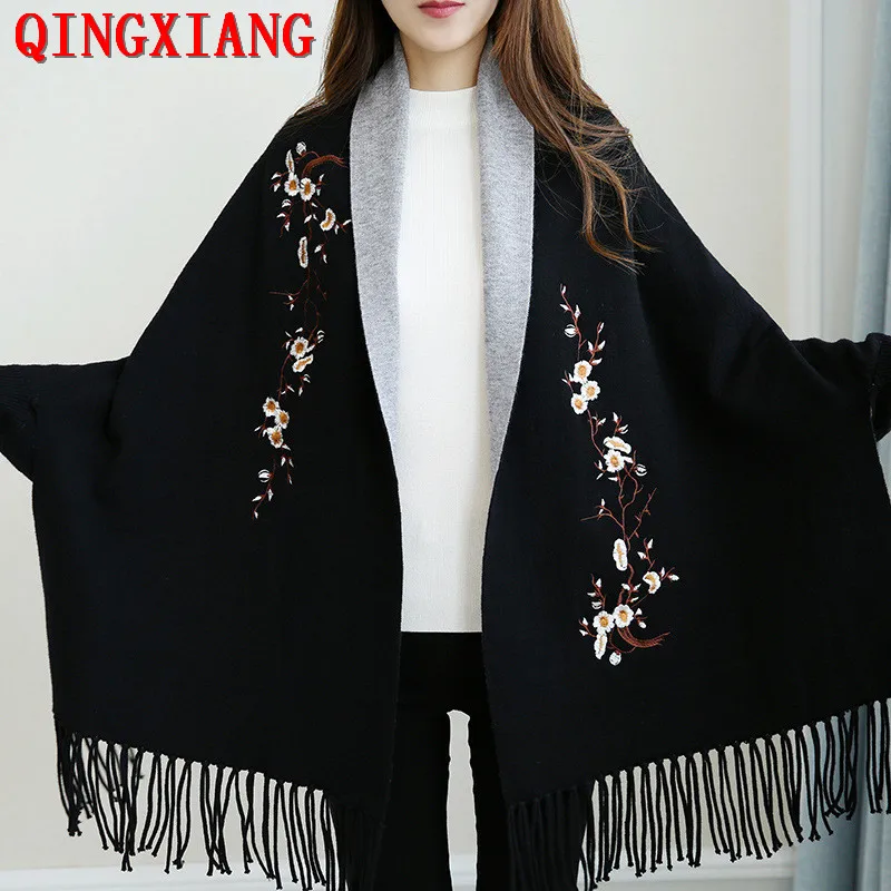 Top Trends: 14 Color Oversize Knitwear Women Plum Flower Cape Winter Knitted Thick Tassel Poncho Long Sleeves Warm Outstreet Wear Shawl Coat Shoppable Styles