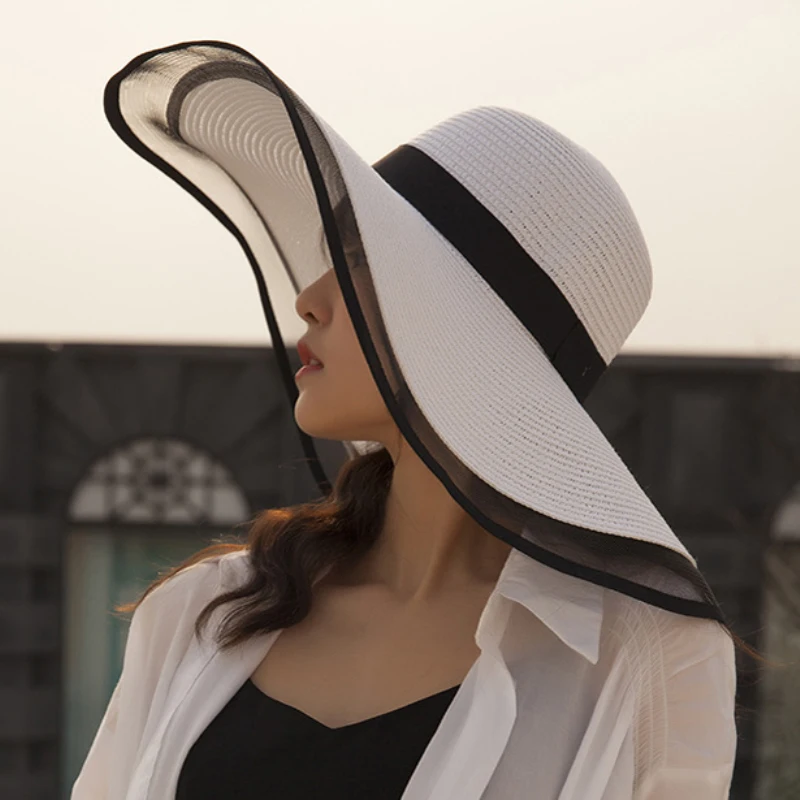 Top Trends: HT2504 Sun Hat Summer Anti-UV Lady Wide Brim Hat Women Solid Plain Floppy Summer Straw Hats For Women Female Mesh Brim Beach Hat Shoppable Styles