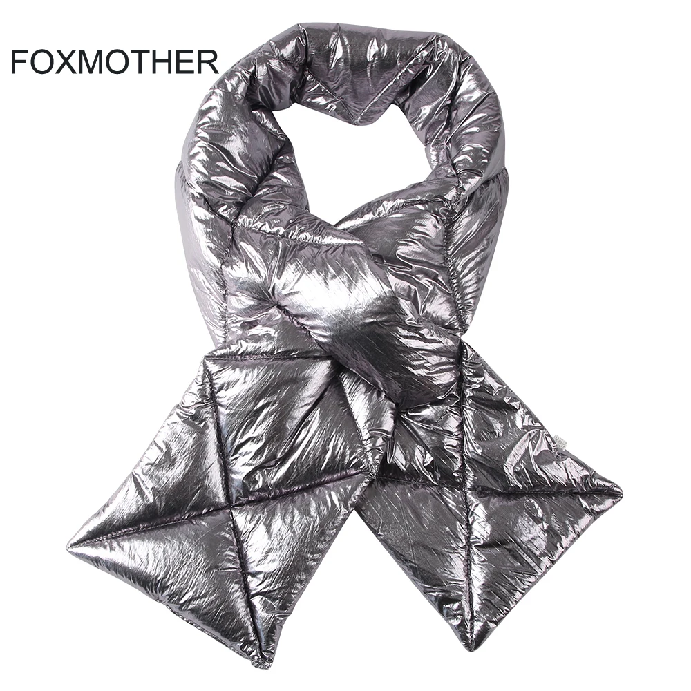 Top Trends: FOXMOTHER 2021 New Design Brand Winter Black Sliver Down Scarf Collar Neck Warmer Stuff Scarves Metallic Echarpe Women Shoppable Styles