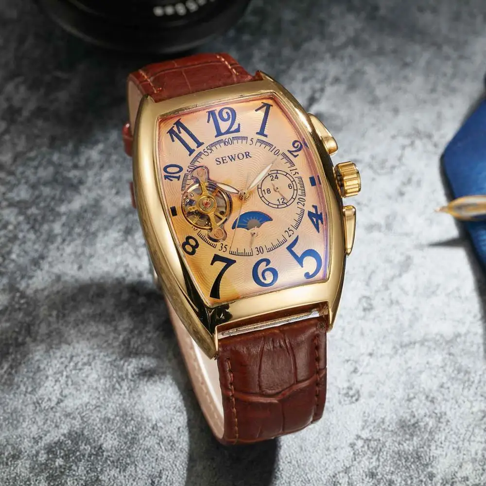 Top Trends: Fashion Retro Ladies Mechanical Watch Men Rectangle Watch Unique Leather Band Quartz Wrist Watch Shoppable Styles - Image 5