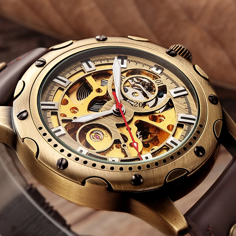 Top Trends: Retro Bronze Skeleton Mechanical Watch Men Automatic Watches Sport Luxury Top Brand Leather Watch Relogio Masculino Male Clock Shoppable Styles