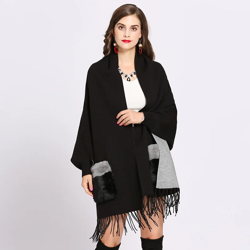 Top Trends: 2022 Female Oversize Tassel Knitted Streetwear Winter Faux Cashmere Poncho Women Long Sleeve Vintage Shawl Coat With Fur Pocket Shoppable Styles