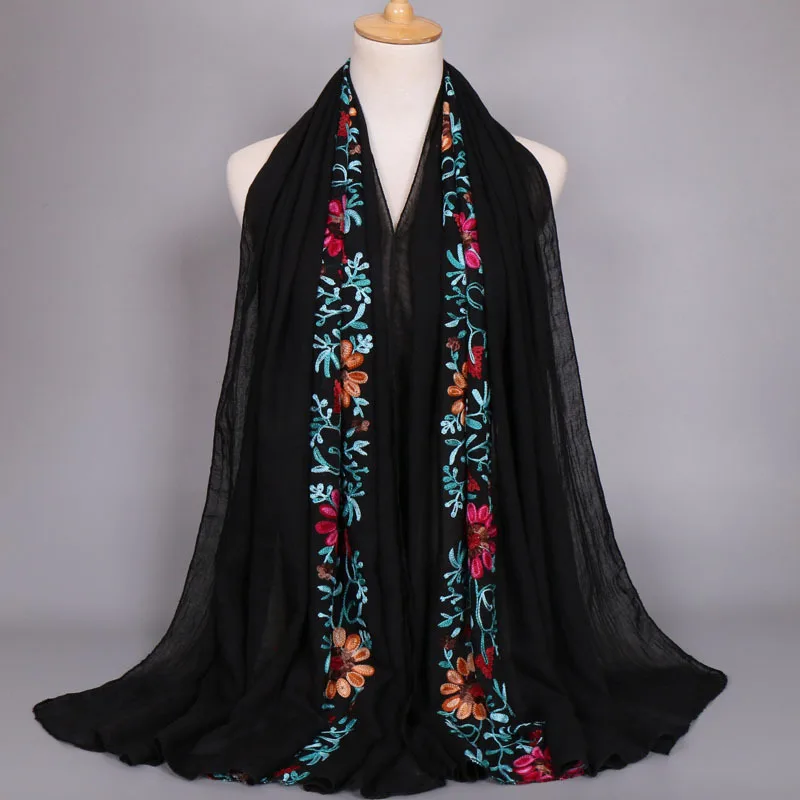 Top Trends: 2023 Autumn Fashion Embroider Viscose Scarf Women Plain Stitch Cotton Scarves Shawl Navy Blue Flower Sjaal Muslim Hijab Foulards Shoppable Styles