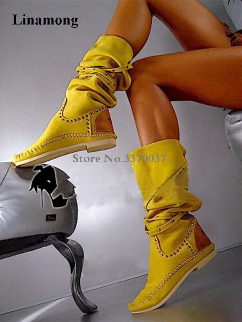 Top Trends: Women Hot Selling Yellow Suede Leather Round Toe Rivet Flat Boots Knee High Spike Comfortable Flat Boots Winter Boots Shoppable Styles