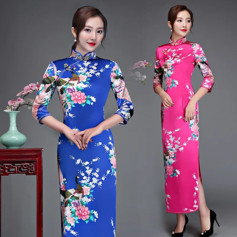 Top Trends: Size 6XL Floral & Peacock Chinese Lady Cheongsam Qipao Print Flower Sexy Long Dress Bride Wedding Evening Party Gown Vestidos Shoppable Styles