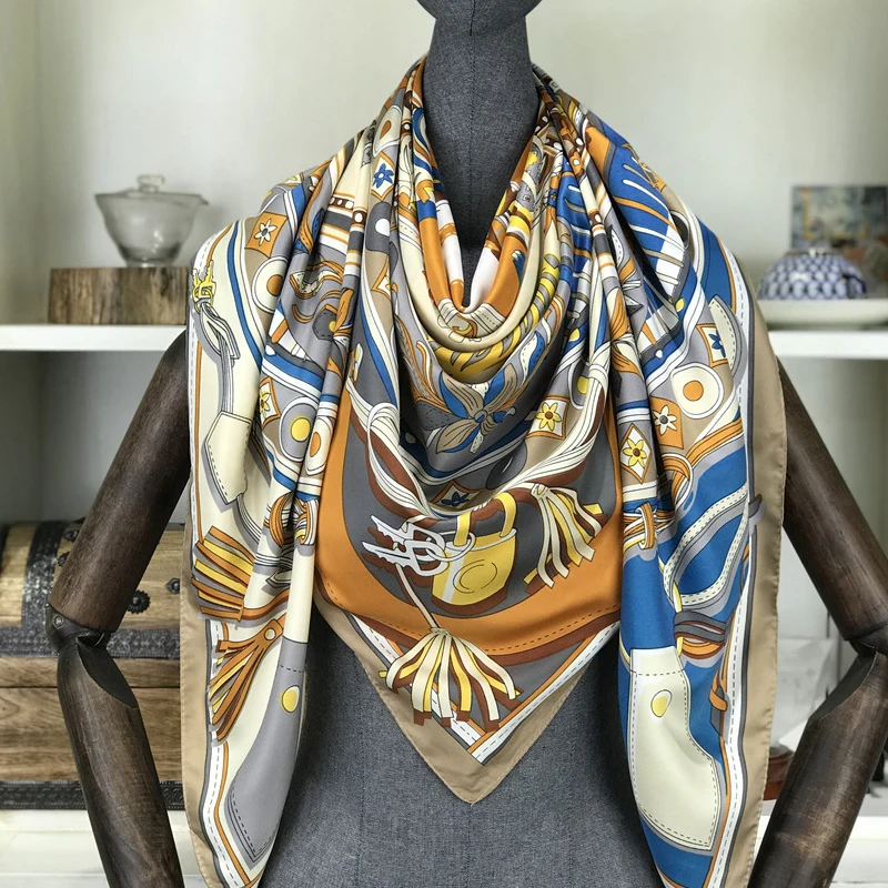 Top Trends: 100% Twill Silk Scarf Women Plaid Print Shawl Echarpe Fourlard Femme Square Women's Scarves Bandanas Bufandas Mujer 130*130cm Shoppable Styles