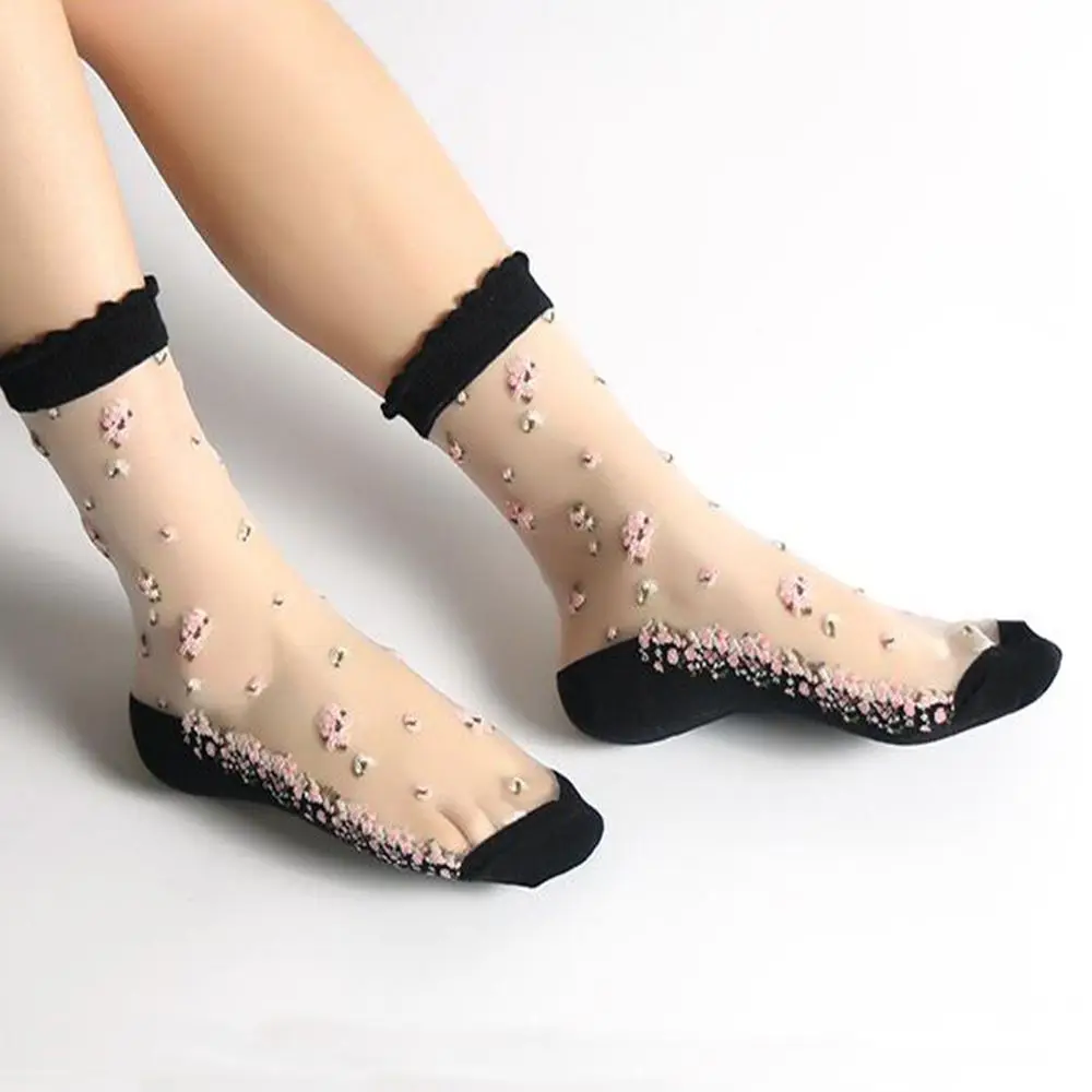 Top Trends: 1 Pair Breathable Ultra Thin Socks Summer Women Transparent Lace Silk Crystal Rose Flower Girls Elastic Short Socks Female Sox Shoppable Styles - Image 5