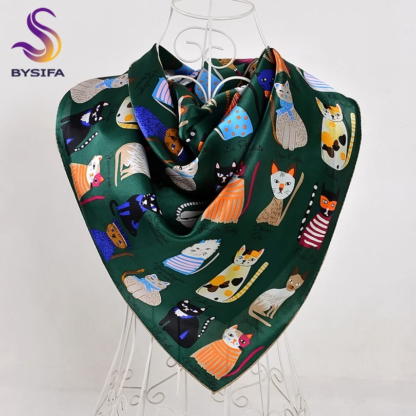 Top Trends: BYSIFA Green Scarves New Design Cartoon Cats Women Children Square Silk Scarf 90*90cm Spring Autumn Winter Cute Silk Scarf Shawl Shoppable Styles