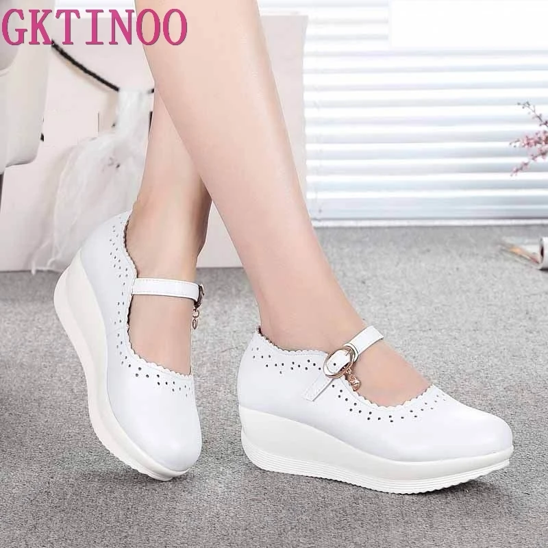 Top Trends: 2024 Spring Real Leather Shoes High Heels Round Shallow Mouth Women Shoes Wedge Leisure White Nurse Mom Shoes Shoes Size 33-43 Shoppable Styles