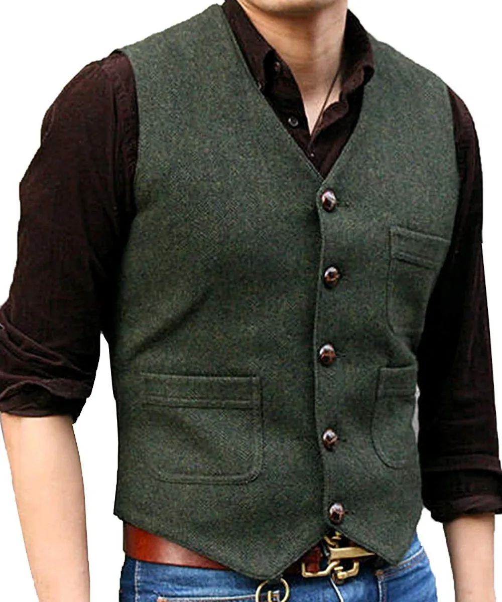 Top Trends: New Men's Suit Vest V Neck Wool Herringbone Tweed Casual Waistcoat Formal Business Vest Groomman For Green / Black / Brown / Coffee+ + + Shoppable Styles