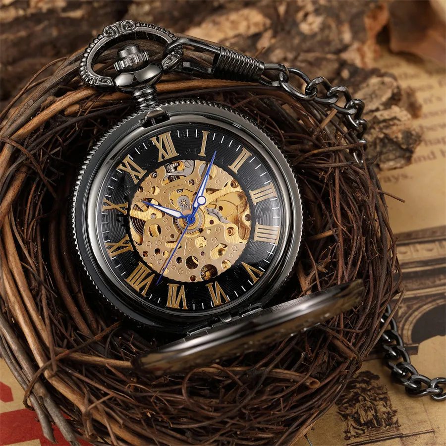 Top Trends: Unique Mechanical Pocket Watch Hollow Black Dial Hand-Winding Men Pendant Collection Fob Chain Watch Skeleton Steampunk Clock Shoppable Styles - Image 4