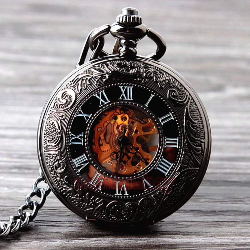 Top Trends: Retro Hand Wind Mechanical Pocket Watch With Fob Chain Mens Hollow Skeleton Dial Black Steel Fashion Quartz Pocket Watch Gifts Shoppable Styles