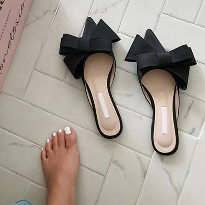 Top Trends: 2018 Spring And Summer Women's Shoes Korean Silk Satin Pointed Bow Tie Slippers Baotou Flat Heel Sets Semi Slippers Shoppable Styles