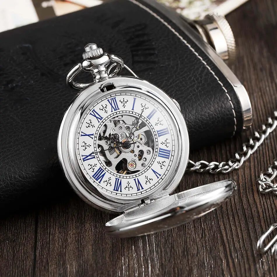 Top Trends: Silver Magnifying Transparent Mechanical Pocket Watch Fob Chains Skeleton Steampunk Hand-Winding Mechanical Watch For Men Gifts Shoppable Styles