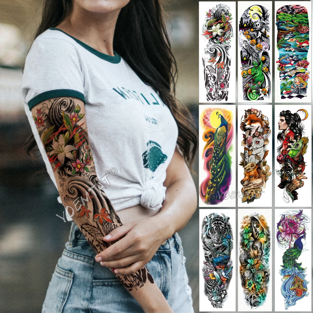 Top Trends: Large Arm Sleeve Tattoo Japanese Wave Waterproof Temporary Tattoo Sticker Lily Peacock Men Full Tiger Fox Tatoo Body Art Women Shoppable Styles