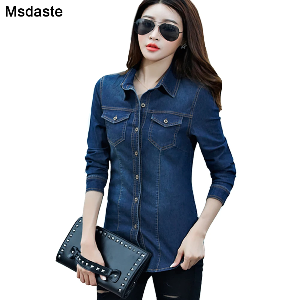 Top Trends: Jeans Shirt Women 2019 Long Sleeve Slim Casual Vintage Elastic Ladies Denim Shirts Tops Blusas Feminina Woman Blouses And Tops Shoppable Styles