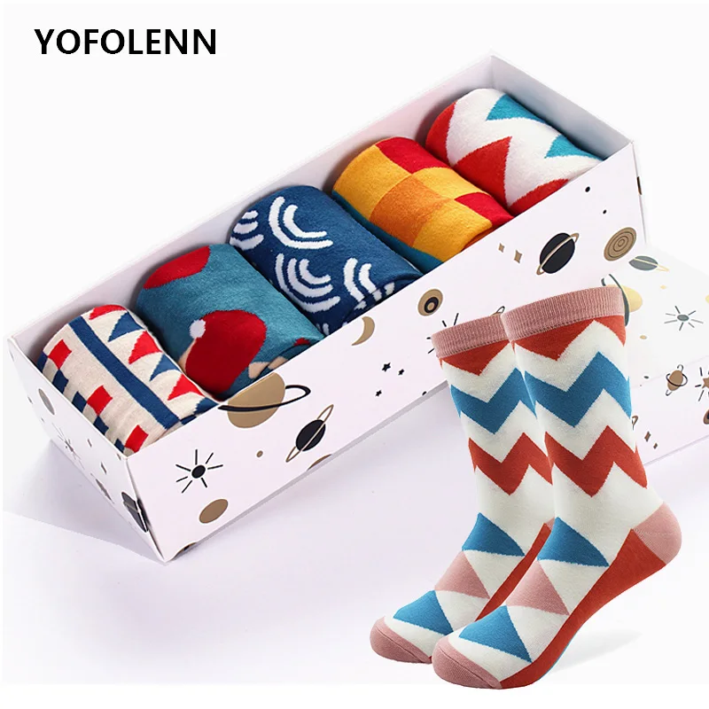 Top Trends: 5 Pairs / lot Men&#039;s Funny Colorful Combed Cotton Socks Novelty Pattern Long Tube Crazy Wedding Skateboard Socks For Men (No Box) Shoppable Styles