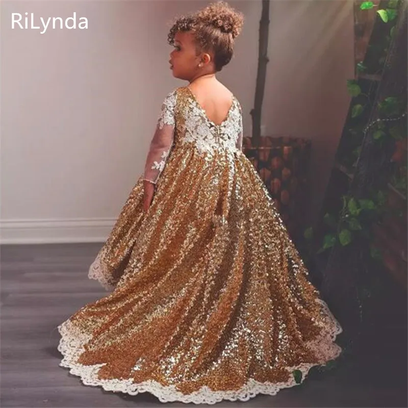 Top Trends: Gold Sequined High Low Flower Girl Dresses For Wedding Lace Long Sleeves Toddler Pageant Gowns Appliqued Ball Gown Custom Made Shoppable Styles