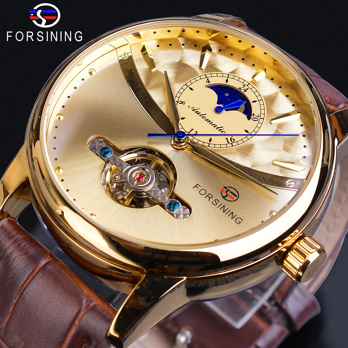 Top Trends: Forsining Moon Phase Automatic Watch Royal Men Golden Waterproof Mechanical Wristwatch Casual Genuine Leather Tourbillon Clock Shoppable Styles