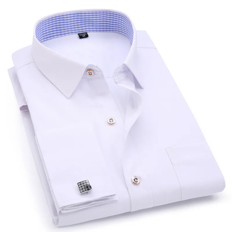 Top Trends: Men&#039;s Dress Shirts French Cuff Blue White Long Sleeved Business Casual Shirt Slim Fit Solid Color French Cufflinks Shirts For Shoppable Styles