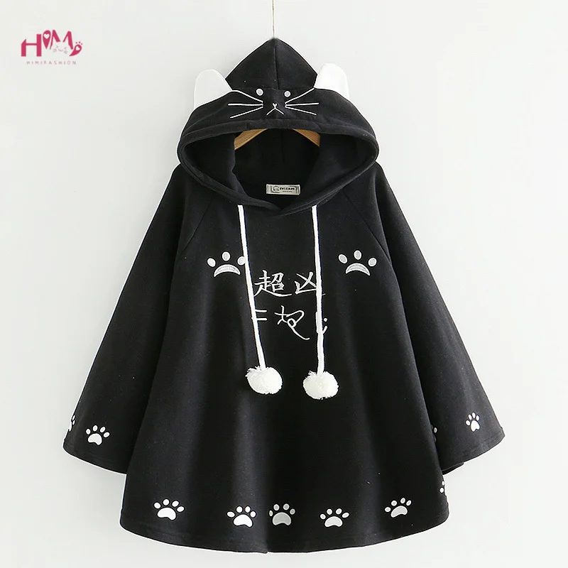 Top Trends: Fashion Women Kawaii Cat Ear Sweatshirt Japanese Cute Paws Girls Casual Outerwear Harajuku Cloak Fleece Loose Hooded Hoodies Shoppable Styles