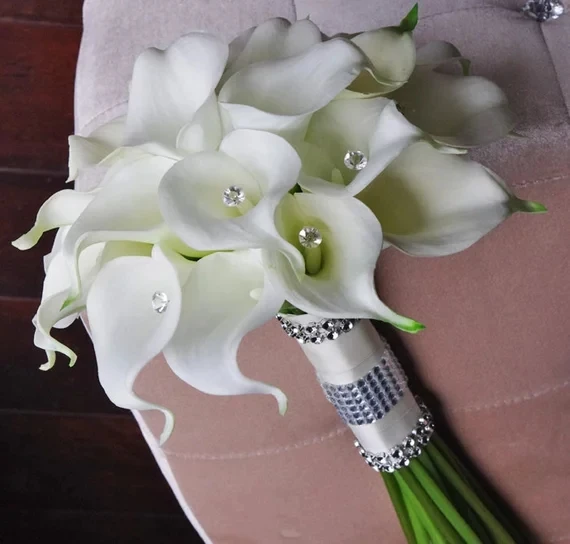 Top Trends: Silk Flower Wedding Bouquet - Calla Lilies White Natural Touch With Crystals Bridal Hand Hold Round Style Shoppable Styles