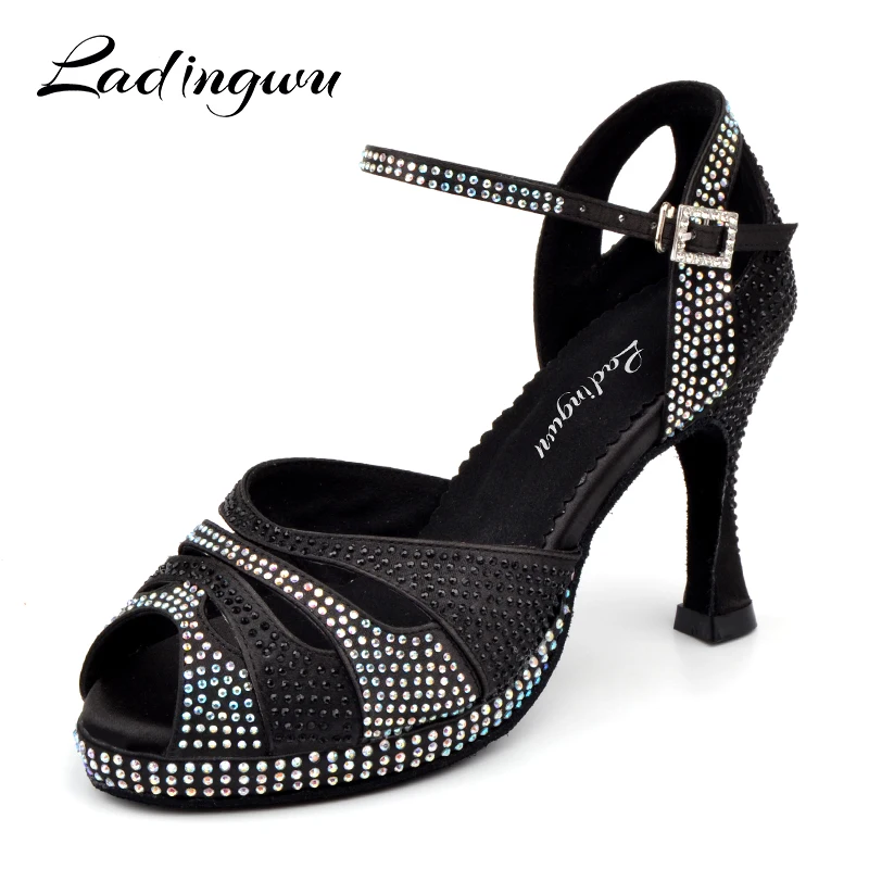 Top Trends: Dance Shoes Latin Women's Shoes High Platform Glitter Rhinestone And Women Satin Ballroom Dance Sandals High Heels 9cm Black Shoppable Styles