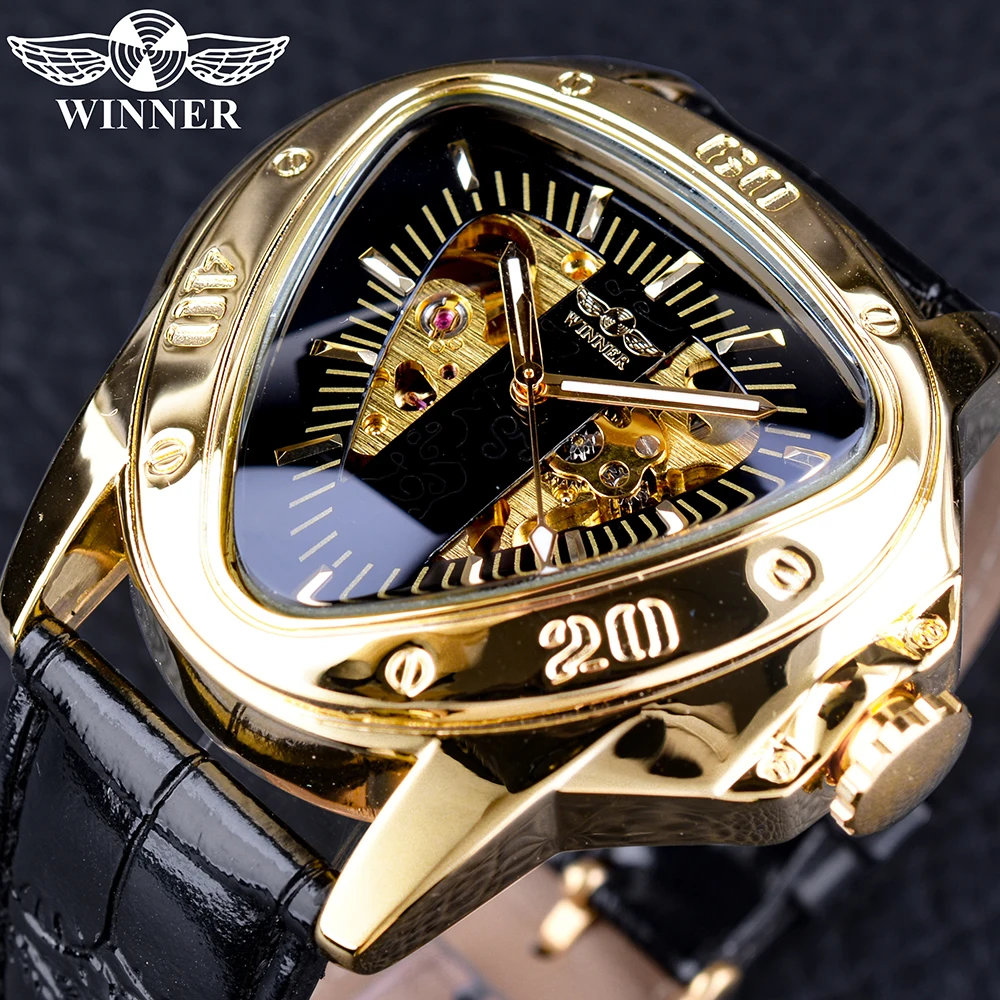 Top Trends: Winner Steampunk Fashion Triangle Golden Skeleton Movement Mysterious Men Automatic Mechanical Wrist Watches Top Brand Luxury Shoppable Styles