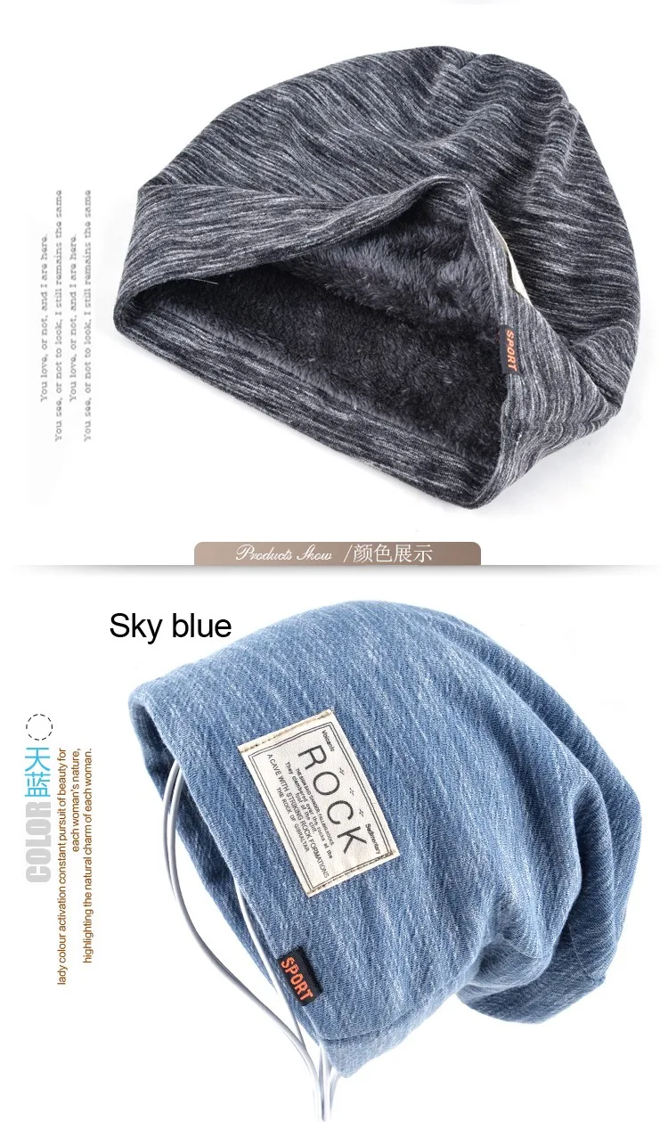 kolm erinevat värvi meeste talvemütsi, sealhulgas hall ja sinine, valmistatud pehmest materjalist