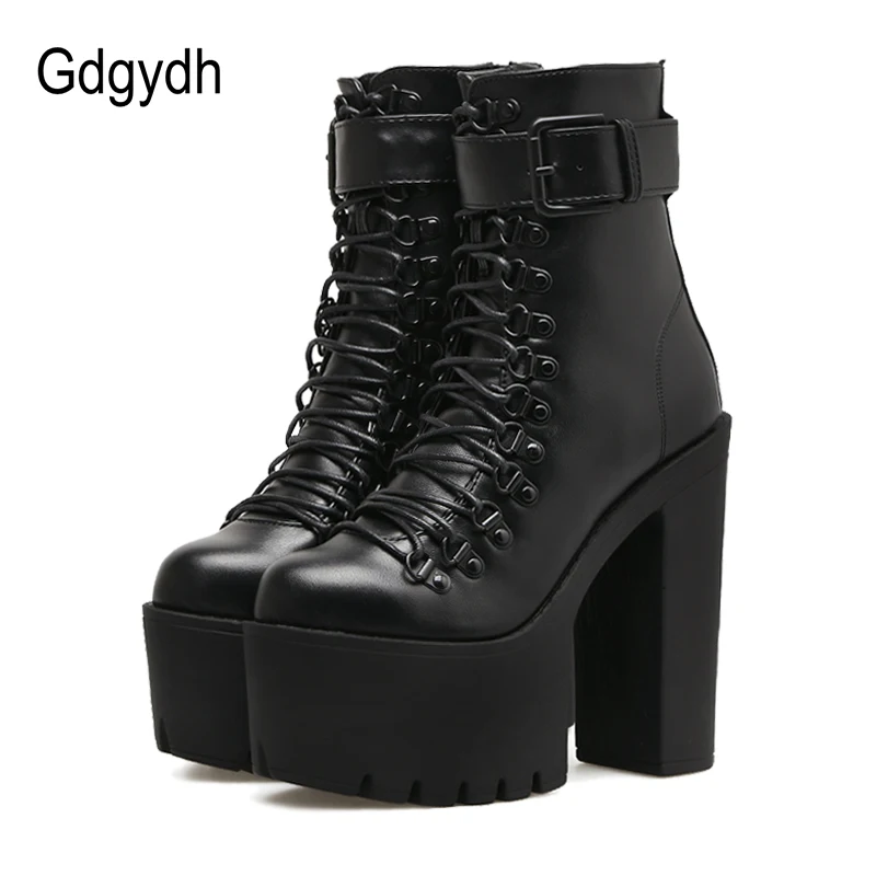 Top Trends: Gdgydh Fashion Motorcycle Boots Women Leather Spring Autumn Metal Buckle High Heels Shoes Zipper Black Ankle Boots Woman Lacing Shoppable Styles