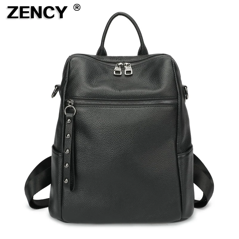 Top Trends: ZENCY 100% Genuine Cow Leather Black Hardware Shoulder Travel Women Backpack Female Lady Real Cowhide Bag College Backpacks Shoppable Styles