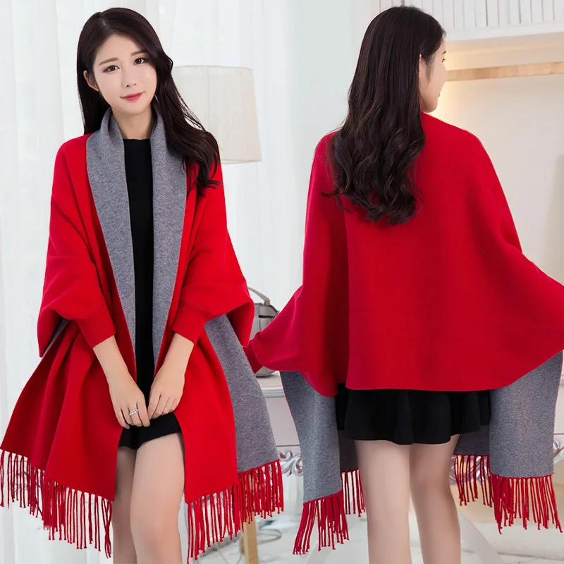 Top Trends: Women Winter Poncho With Sleeve Shawls And Wraps Pashmina Red Thicken Scarf Stoles Femme Hiver Warm Reversible Ponchos And Capes Shoppable Styles