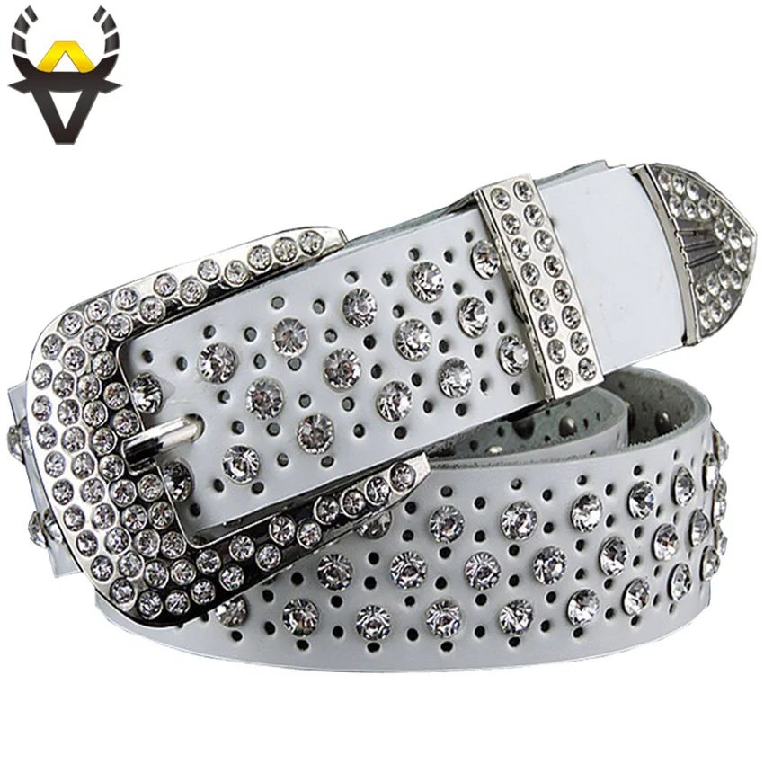 Top Trends: Fashion Rhinestone Genuine Leather Belts For Women Luxury Pin Buckle Belt Woman Quality Second Layer Cow Skin Strap Width 3.3 Cm Shoppable Styles