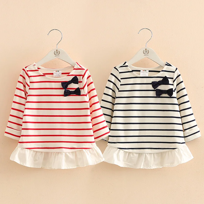 Top Trends: Children Bowknot Tops 2023 New Arrival Spring Autumn 2-10 Year Kids Clothes Strip Patchwork Long Sleeve O-Neck T Shirt Baby Girl Shoppable Styles